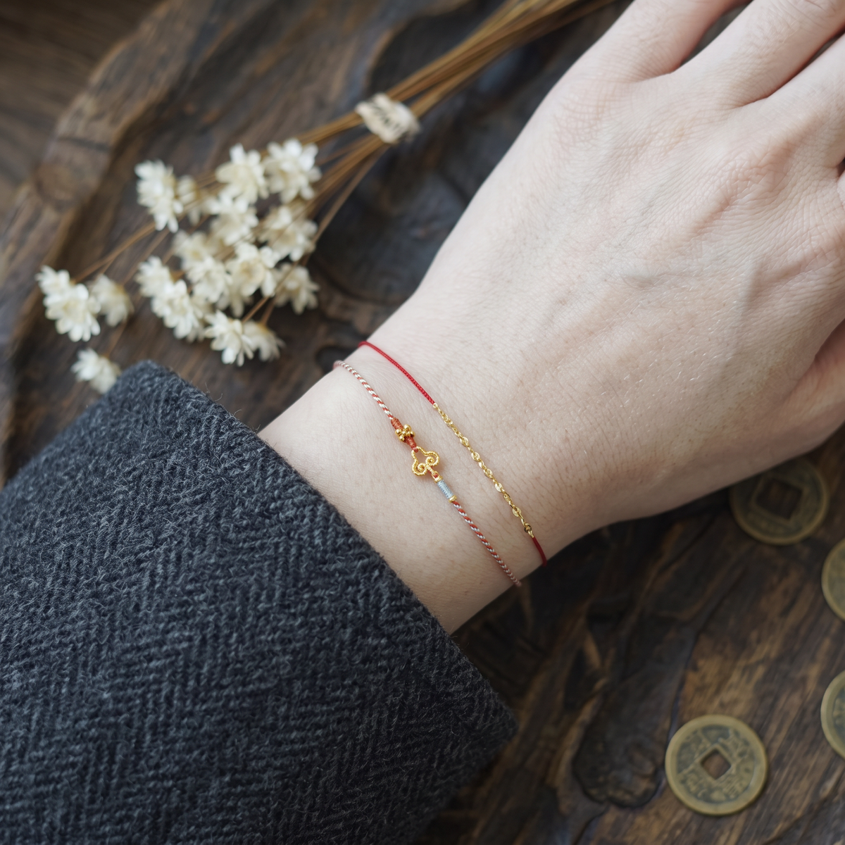 24k 999 Gold Ruyi Luck Charm Ultra Thin Cord Adjustable Unisex Bracelet
