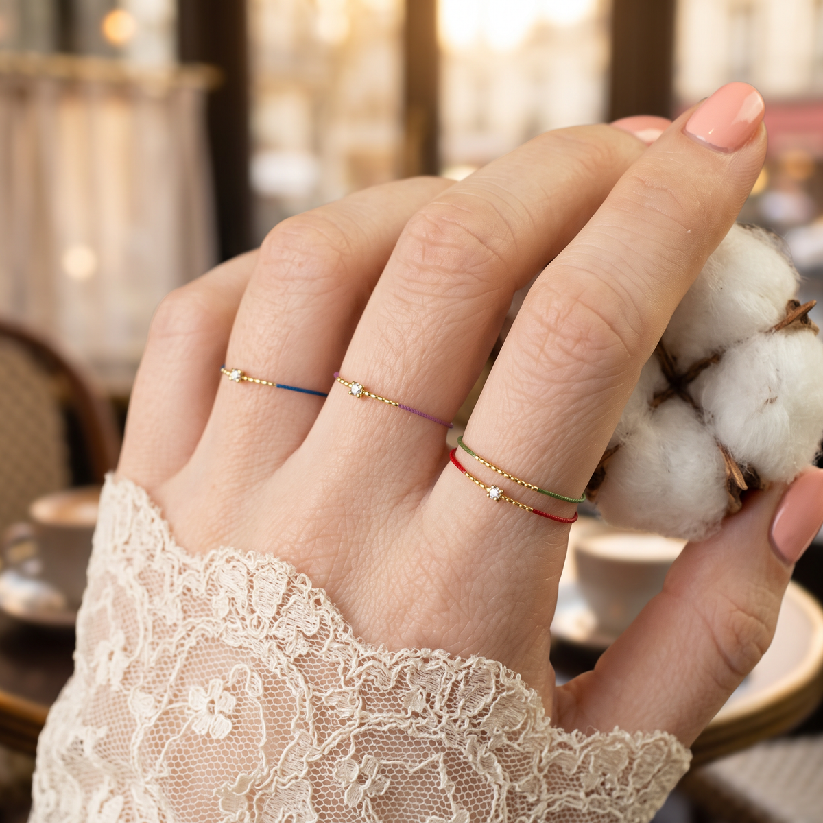 18K Gold Beads with Natural Diamond Thin Adjustable Cord Ring