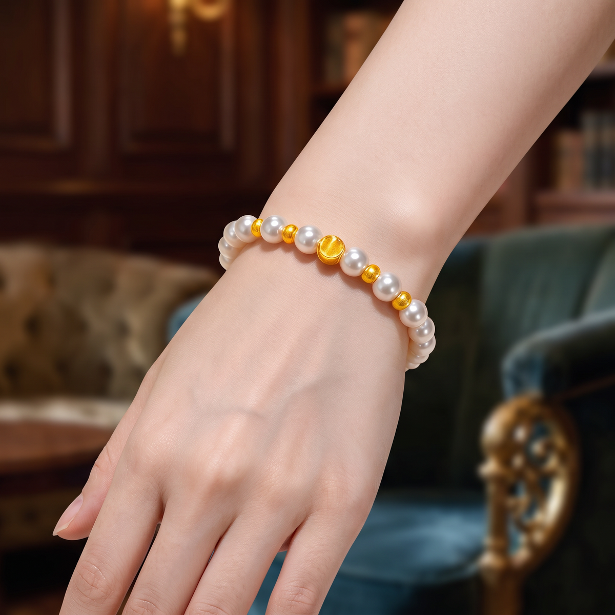 24K 999 Fine Gold Cat's Eye Beads Bracelet Pearl Agate Beads Gift for Girlfriend Wife or Best Friend Birthday