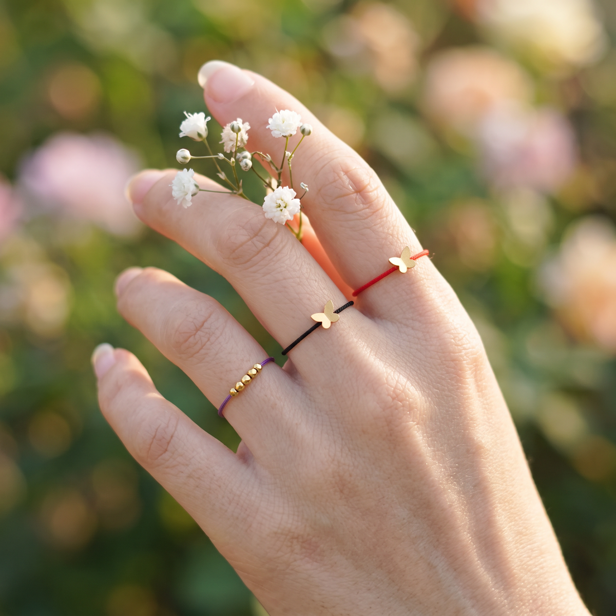 24k 999 Gold Butterfly Minimal Style Charm Cord Ring