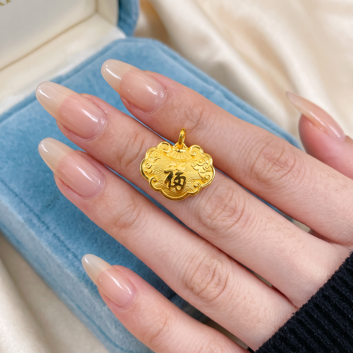 24K 999 Fine Gold Double Side Embossed Chinese Good Fortune Fu Lock Pouch Pendant D.I.Y Charm