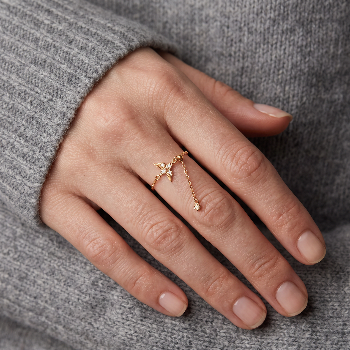 14K or 18K Gold Diamond Swallow Bird Charm Adjustable Ring Holiday Gift