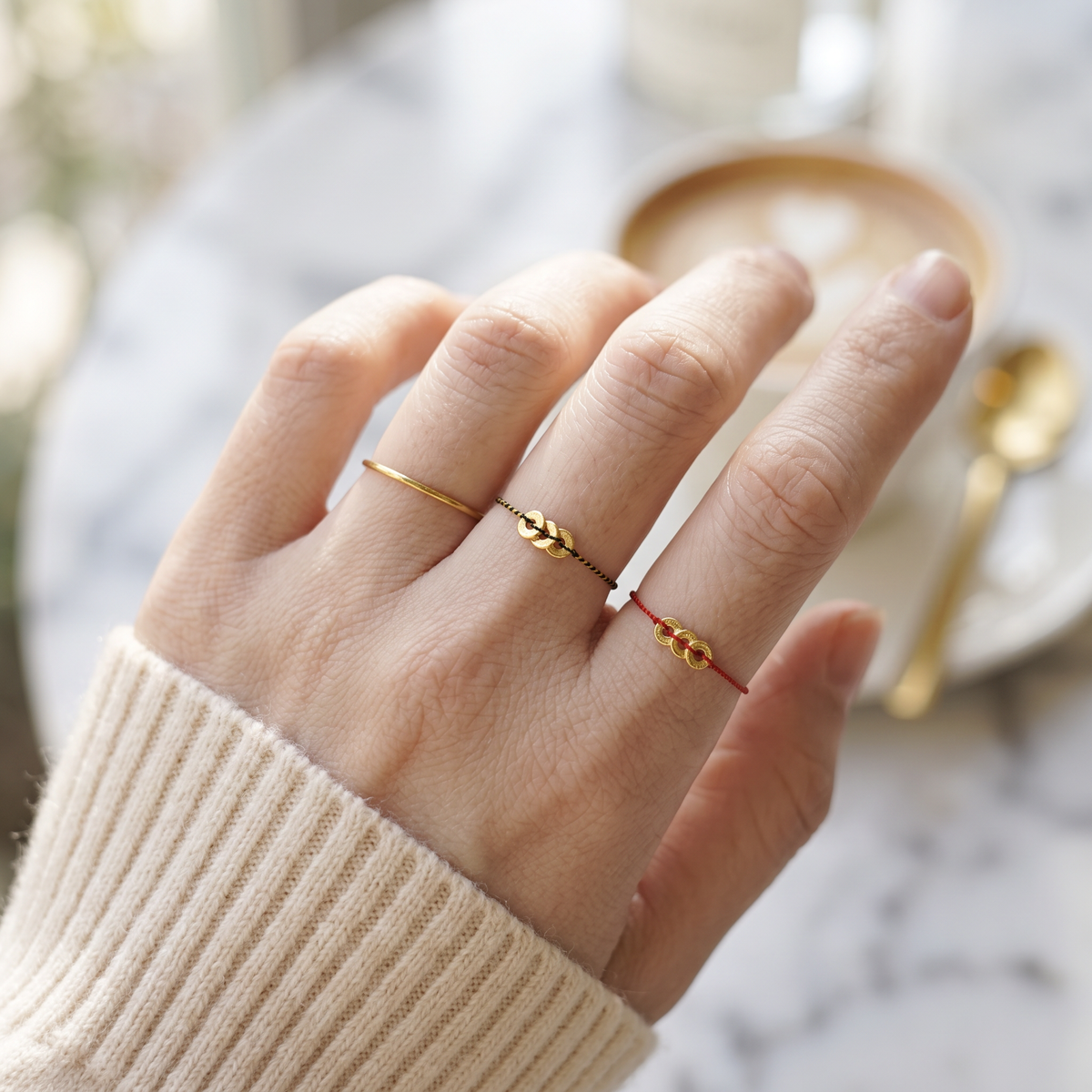 24K Gold Chinese Coin Charm Thin Adjustable Cord Wealth Luck Ring