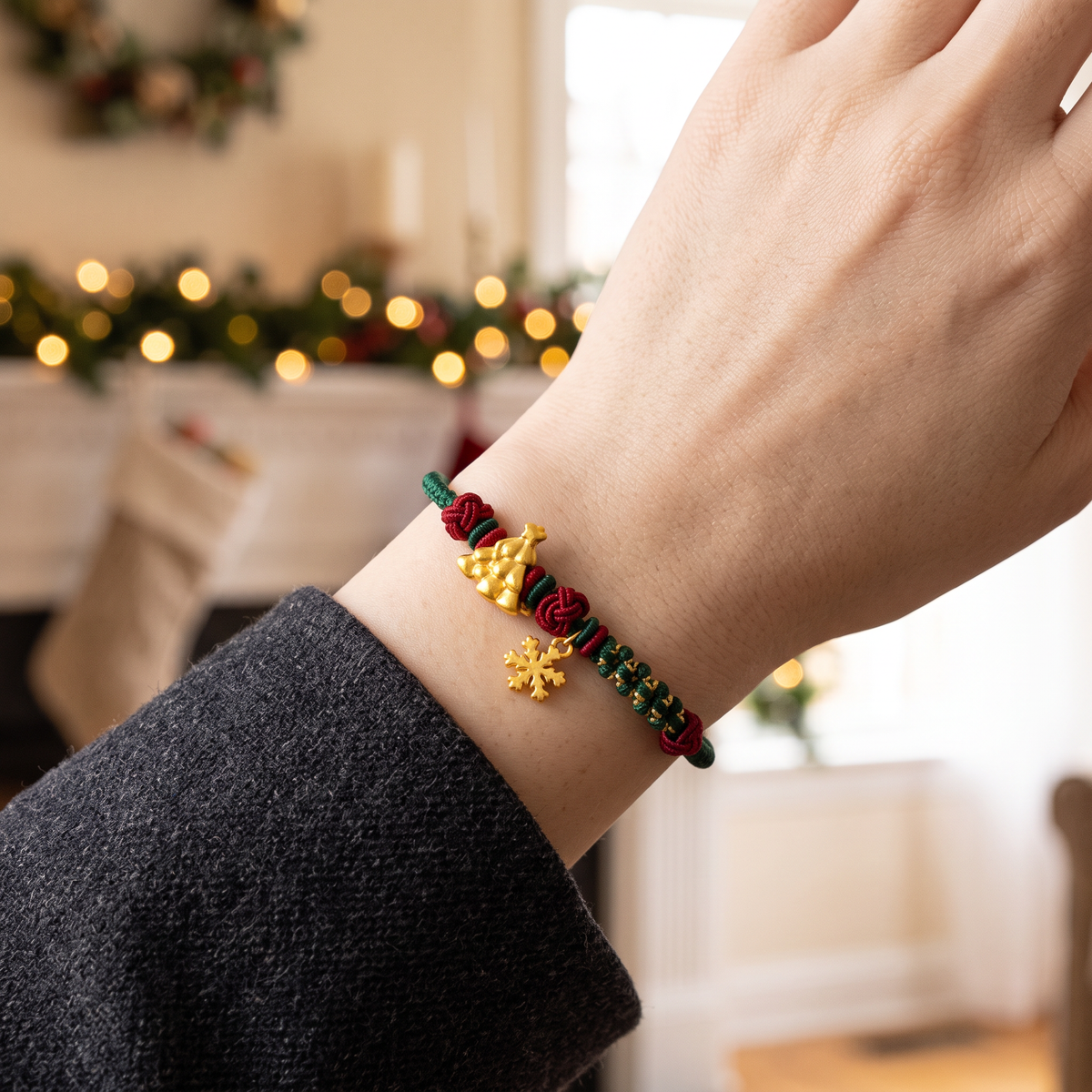 24k 999 Christmas Holiday Tree Snowflake Charm Cord Adjustable Bracelet