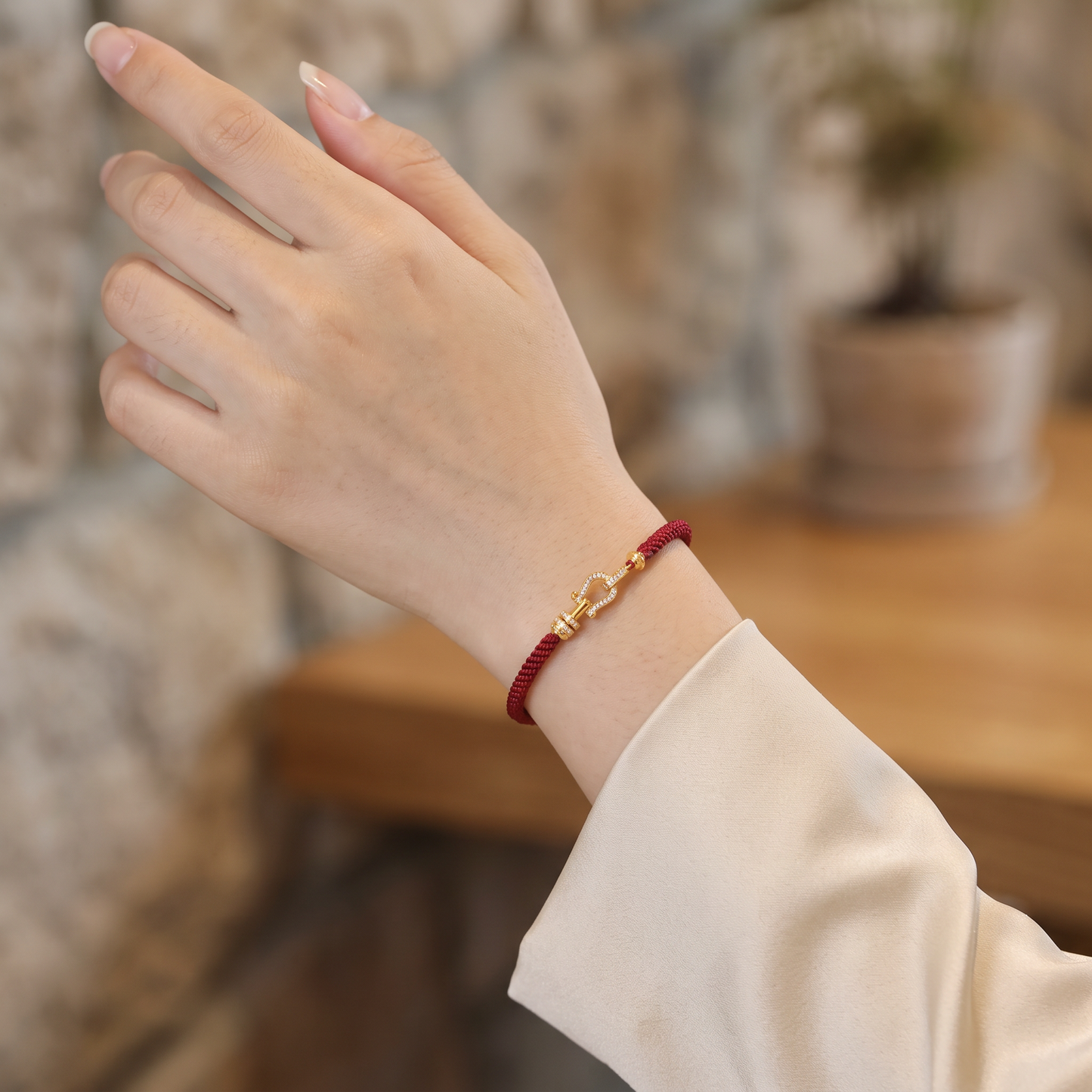 24K 999 Fine Gold Red Cord Bracelet with Moissanite Horseshoe Clasp