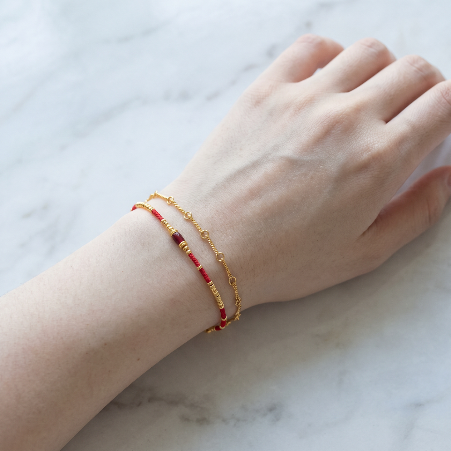 24K 999 Fine Gold Beads Enamel Red Cord Bracelet
