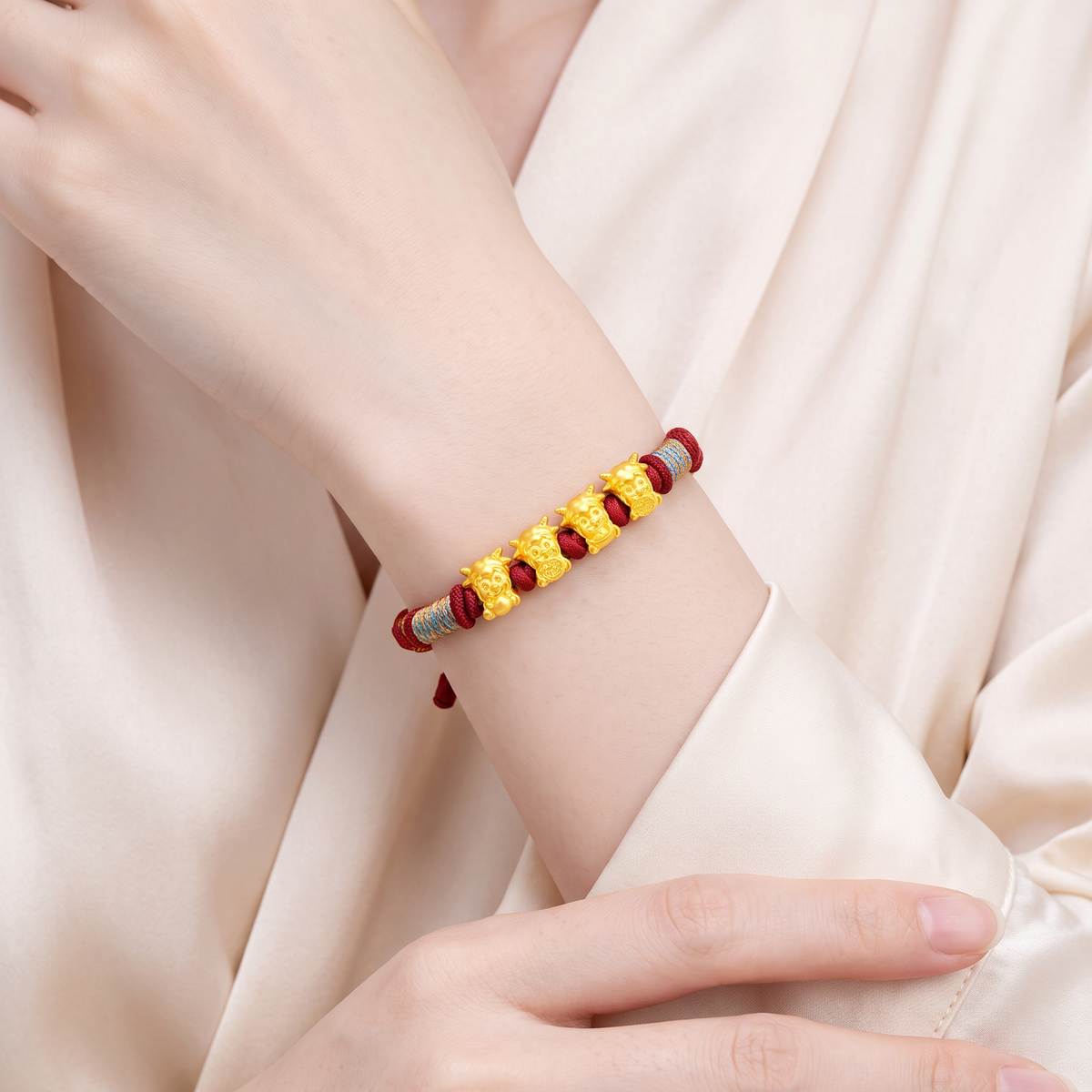24k 999 Gold Zodiac Sheep Goat Charm Woven Adjustable Bracelet