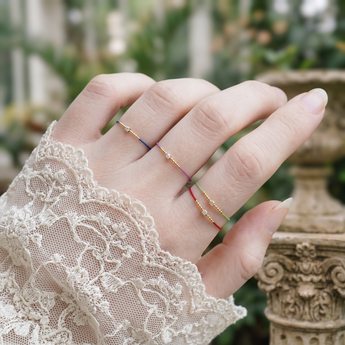 18K Gold Beads with Natural Diamond Thin Adjustable Cord Ring