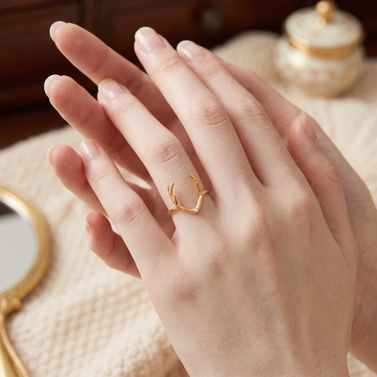 18K Gold Diamond Reindeer Deer Antlers Necklace and Ring Holiday Christmas Gift