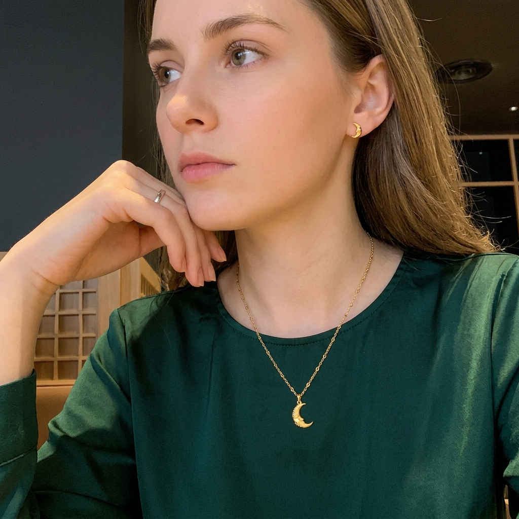 24K Fine Gold Moon Diamond Earring and Pendant