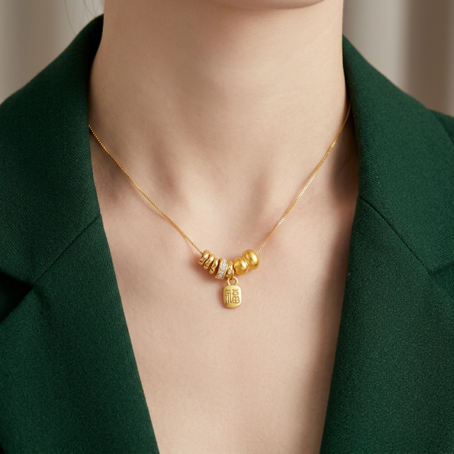 24k 999 Gold Gourd Chinese Blessing Charms Set Pendant