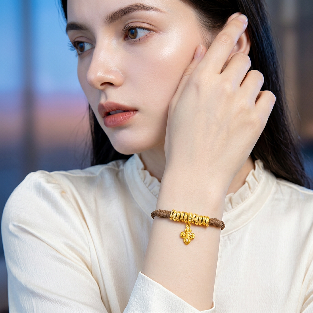 24k 999 Fine Gold Fleur de Lis Iris Charms Braided Bracelet