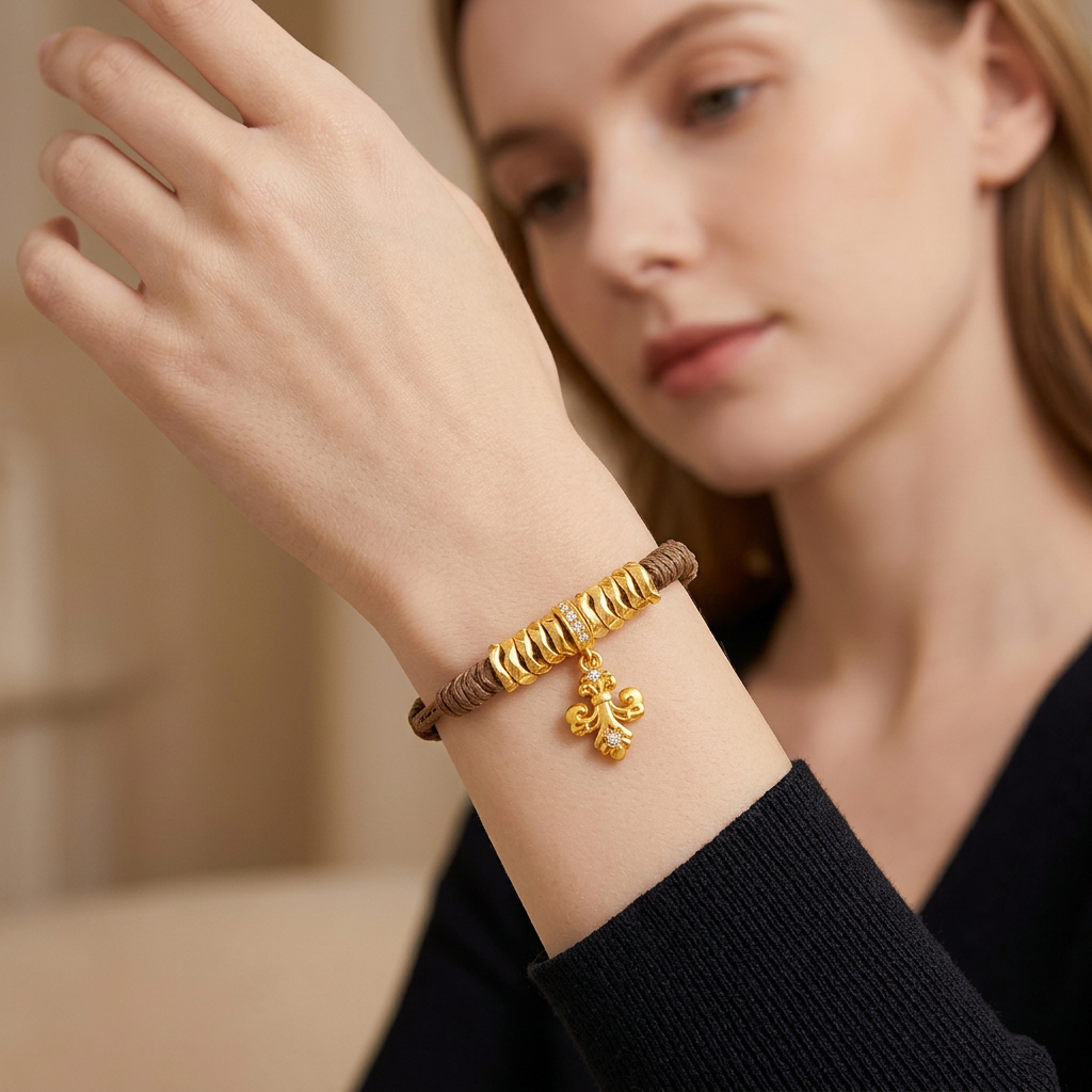 24k 999 Fine Gold Fleur de Lis Iris Charms Braided Bracelet