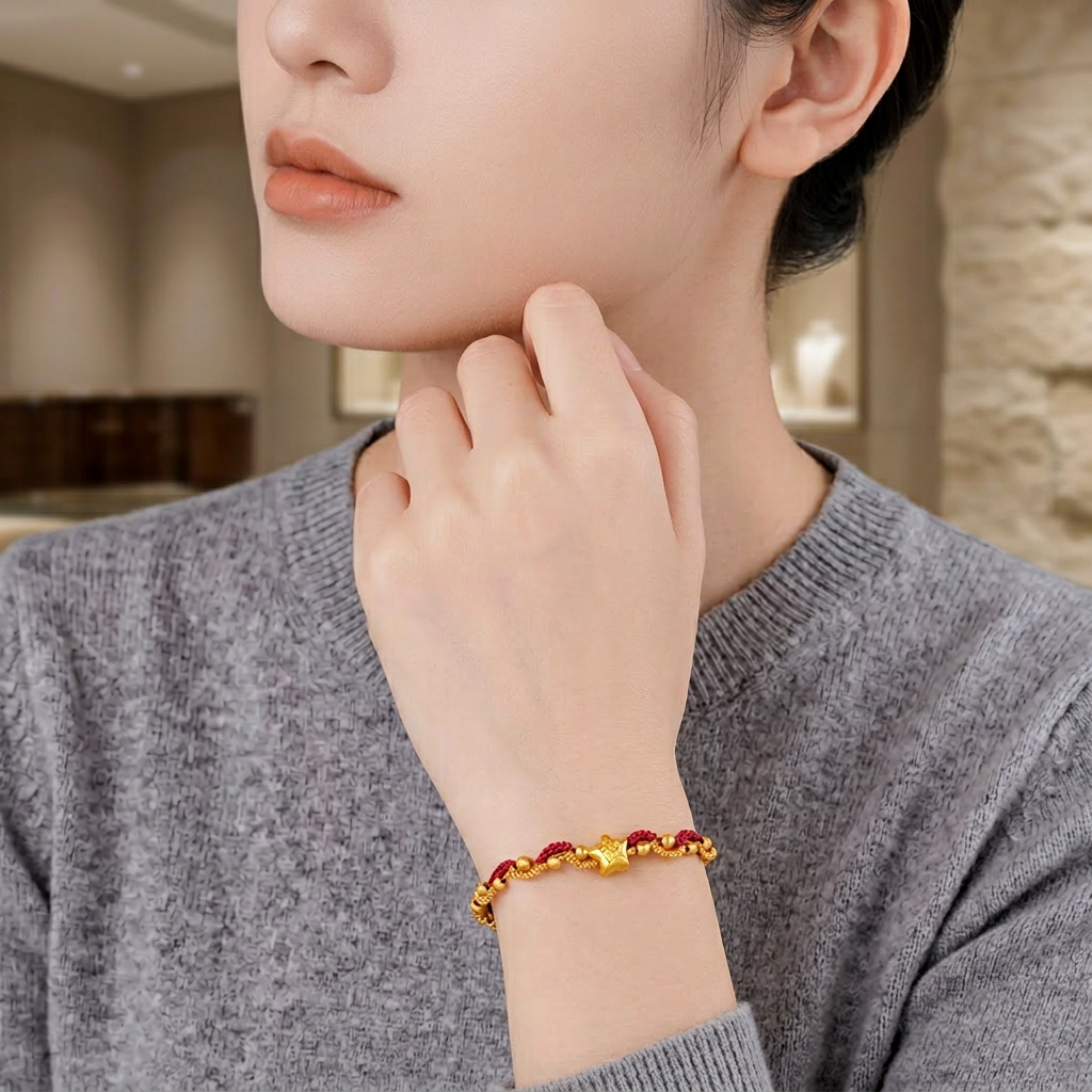 24k Gold Lucky Star Chinese Blessing Charm Handwoven Red Cord Adjustable Bracelet