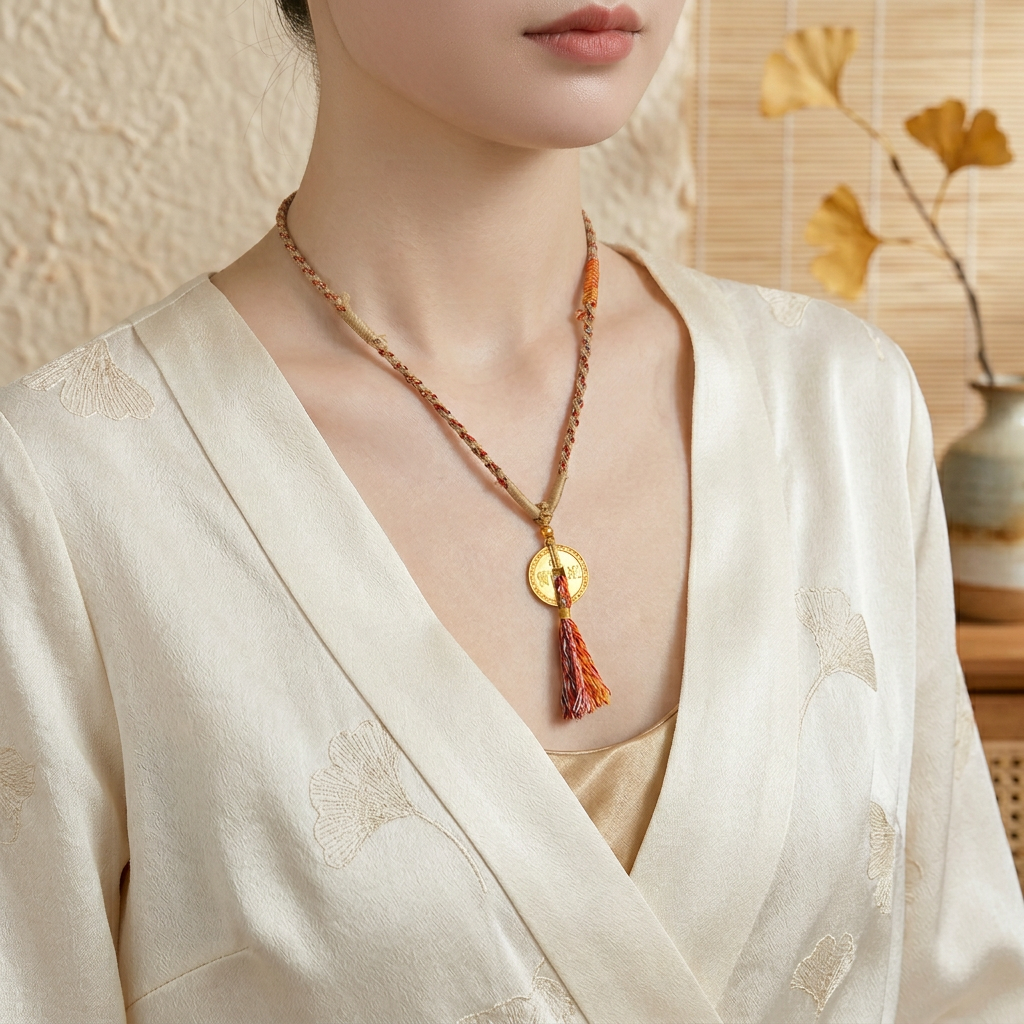 24K Gold Horse Coin Tassel Braided Tibetan Style Feng Shui Necklace