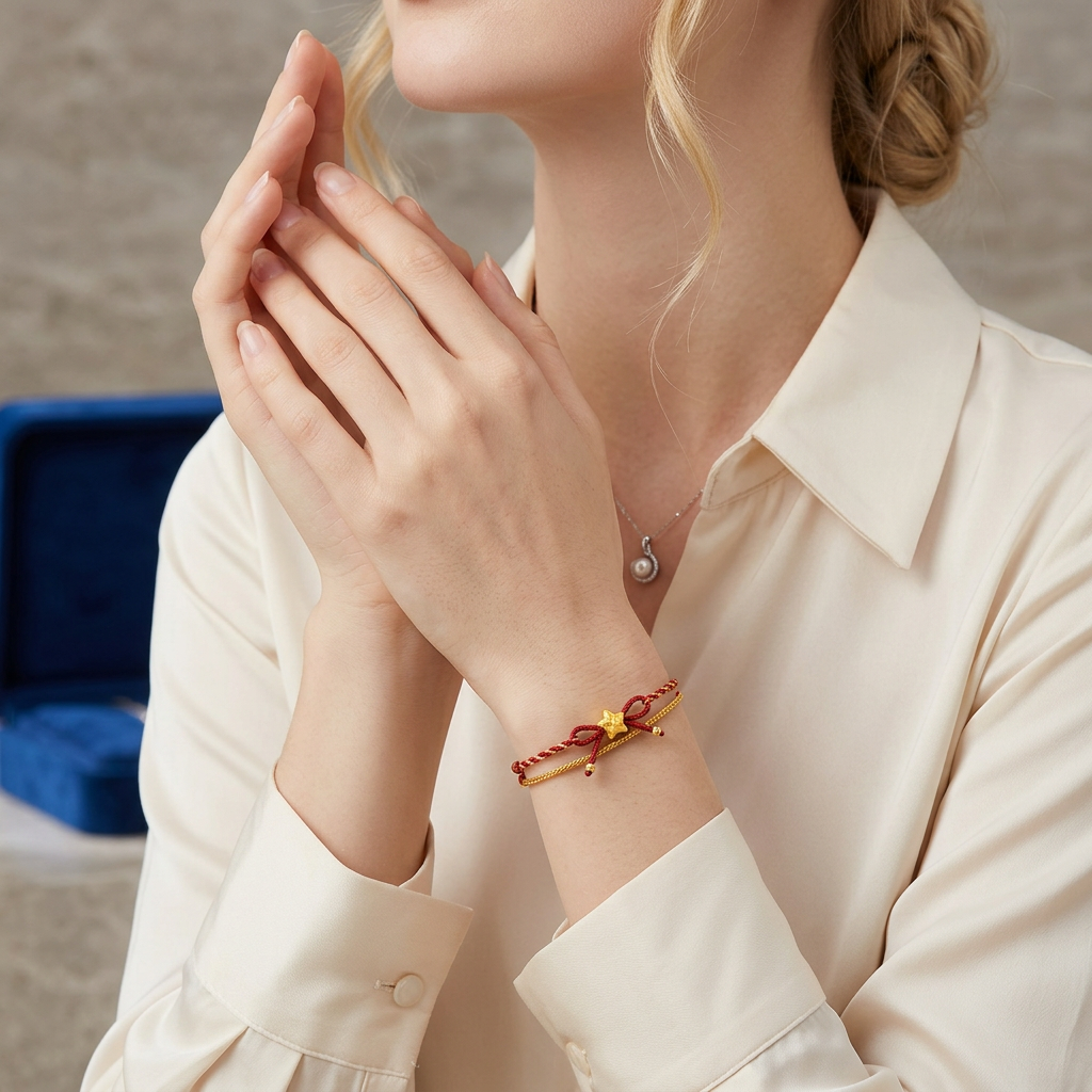 24k Gold Lucky Star Chinese Blessing Charm Handwoven Red Cord Adjustable Bracelet