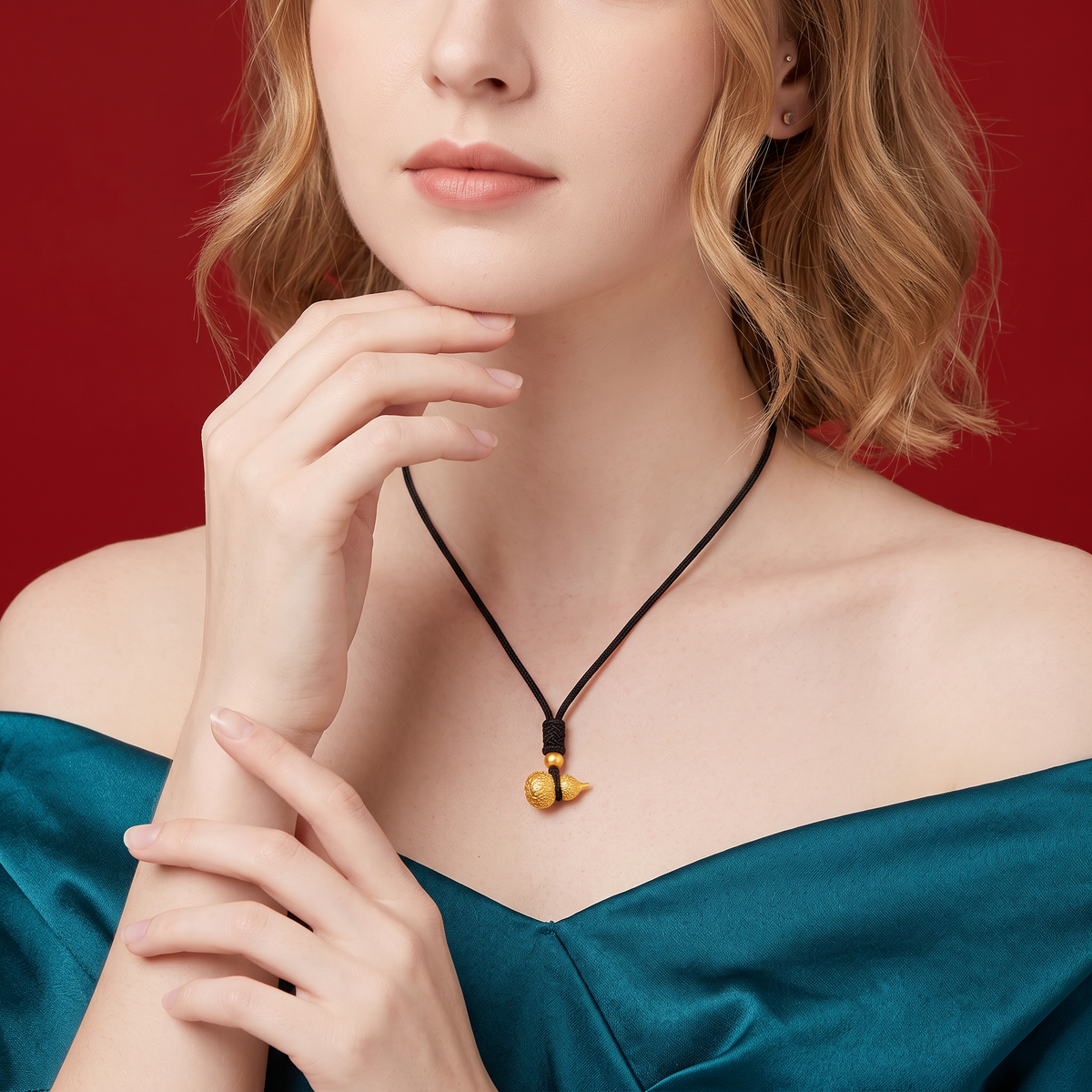 24k 999 Gold Lucky Blessing Gourd Pendant Cord Necklace