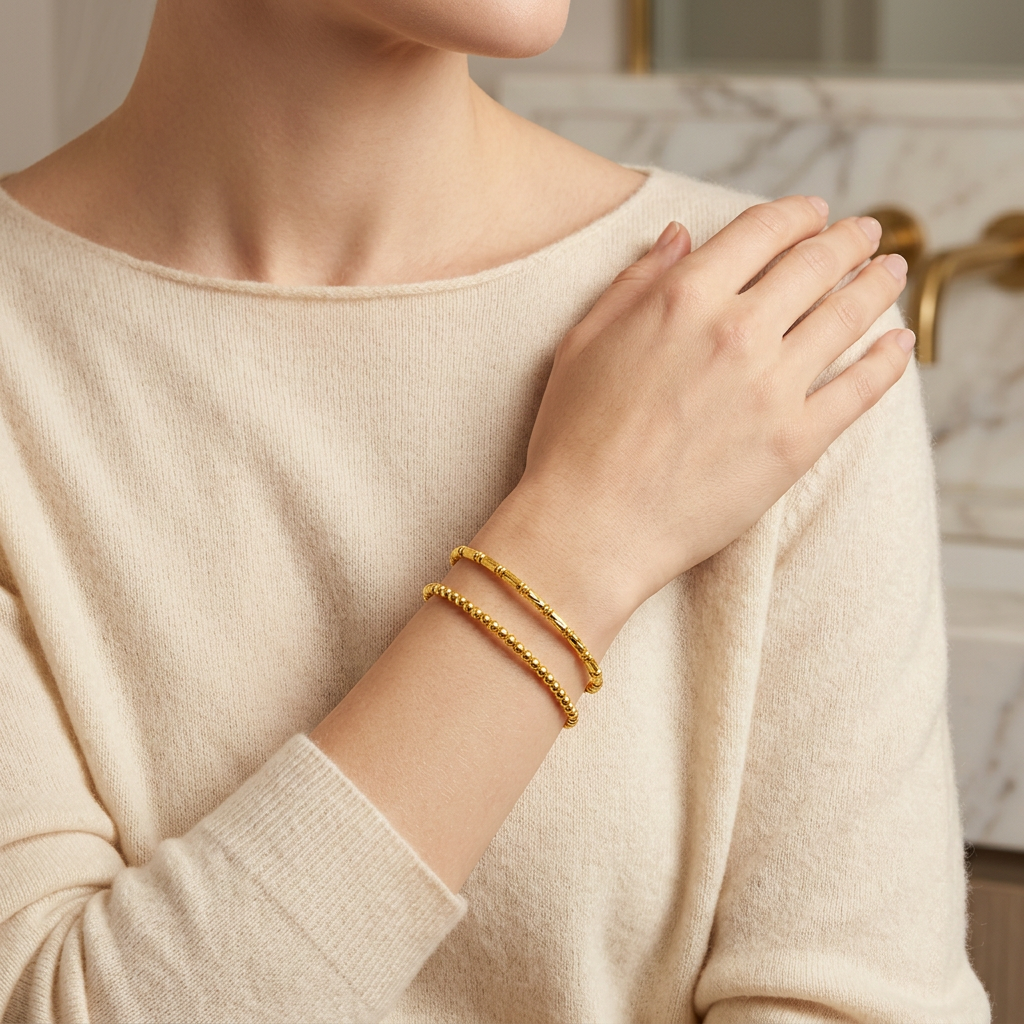 24K 999 Gold Minimal Beads Sparkling Memory Bangle Bracelet