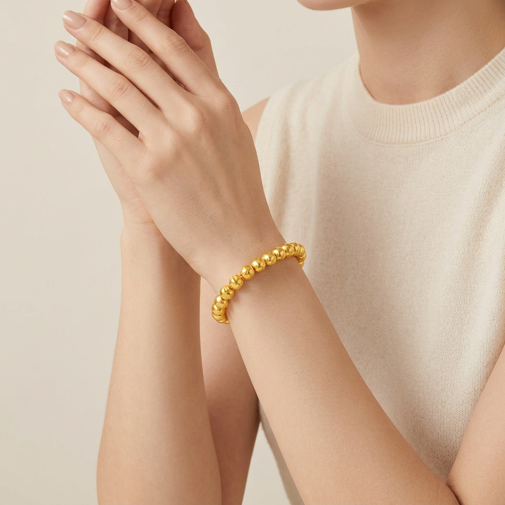 24K Gold Cat Eye Sparkling Round Beads Minimal Elastic Luxurious Bracelet