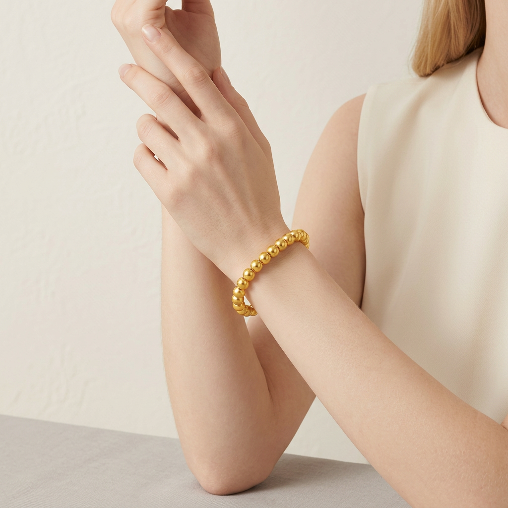 24K Gold Cat Eye Sparkling Round Beads Minimal Elastic Luxurious Bracelet