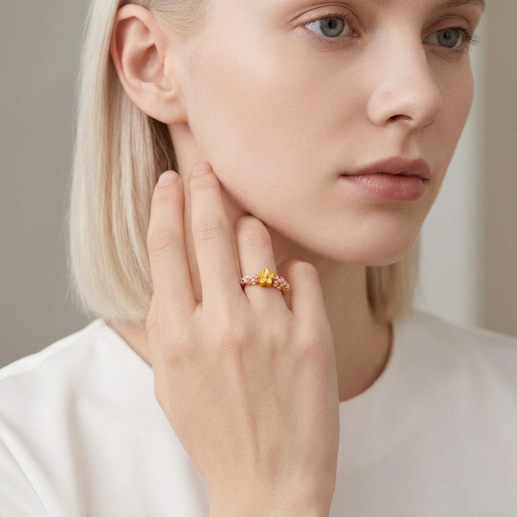 24K 999 Gold Cherry Blossom Flower Charm Braided Adjustable Ring