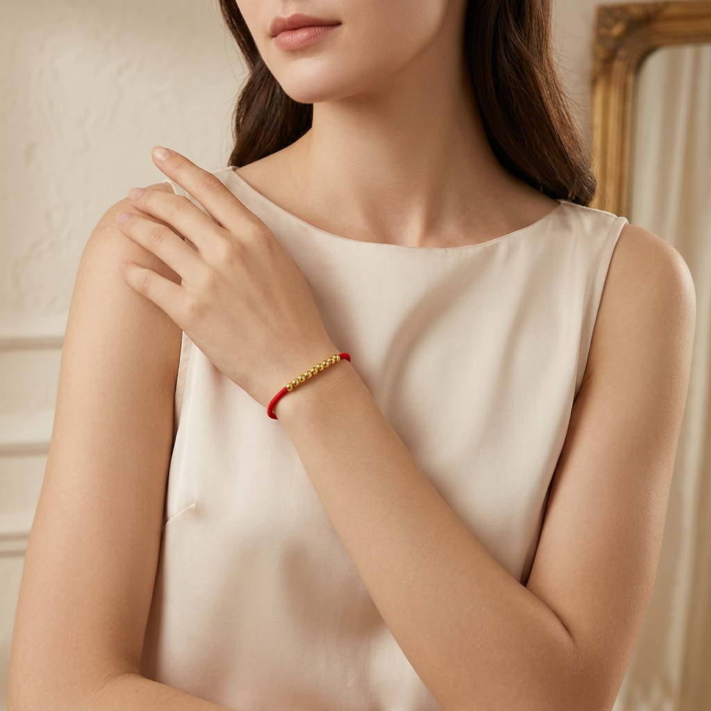 24K 999 Gold Minimal Lucky Beads Weaving Cord Adjustable Bracelet