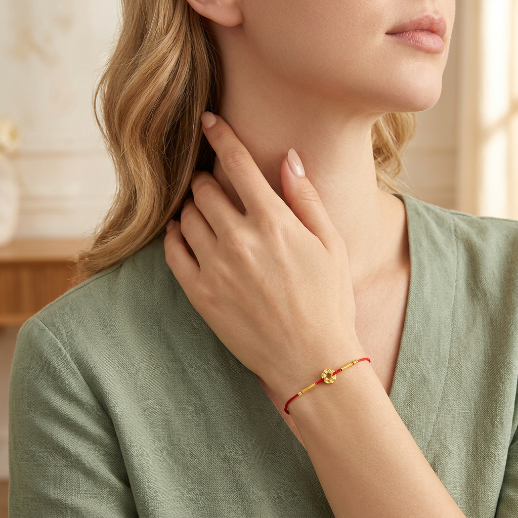 24K 999 Gold Beads Safety Buckle Charm Adjustable Cord Bracelet