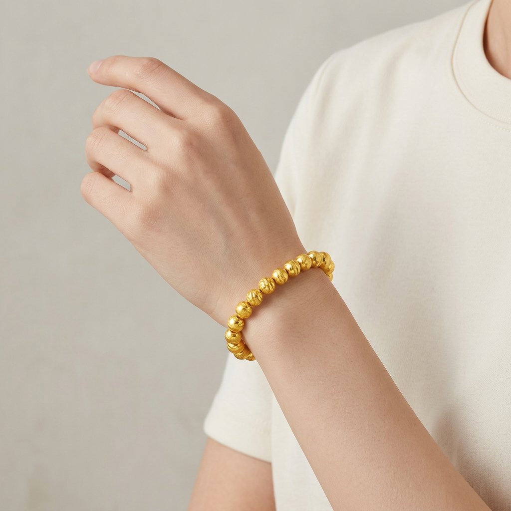 24K Gold Cat Eye Sparkling Round Beads Minimal Elastic Luxurious Bracelet