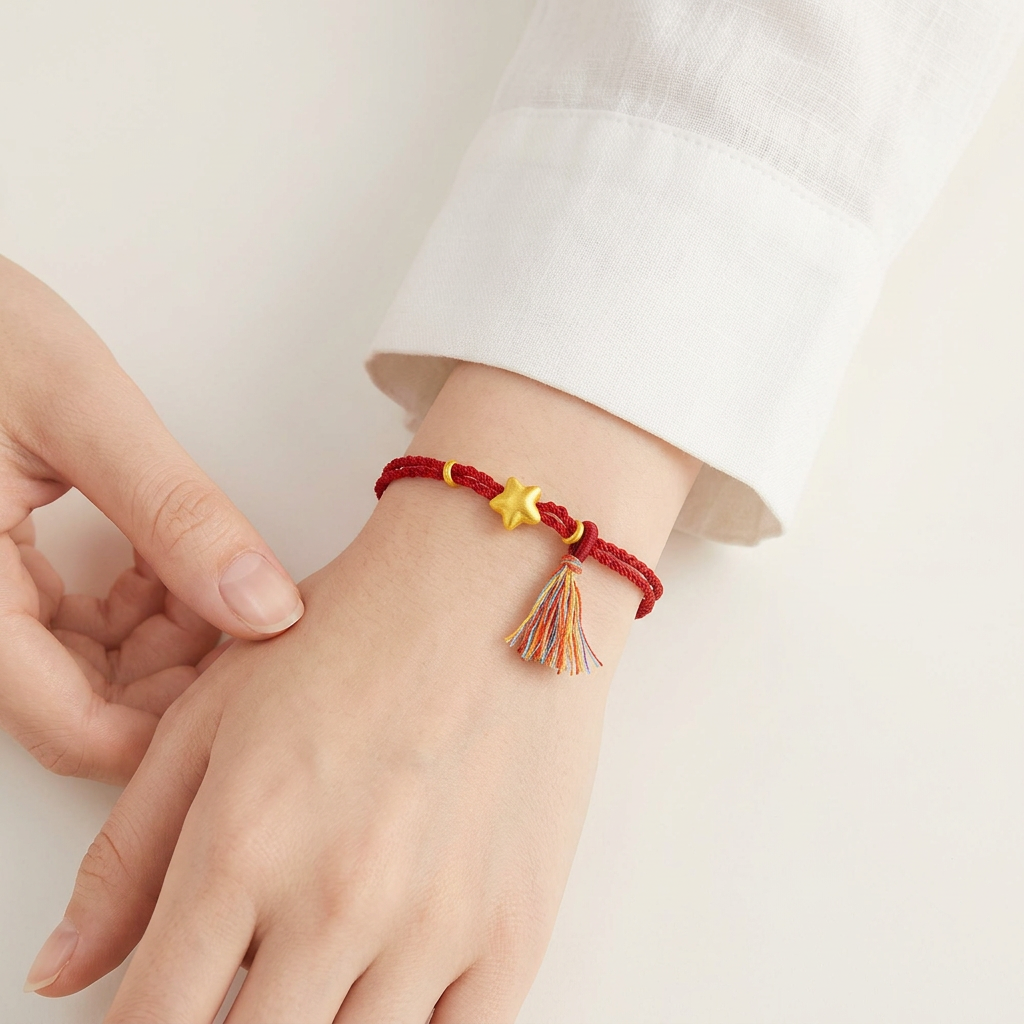 24K 999 Gold Star Charm Tassel Braided Adjustable Bracelet