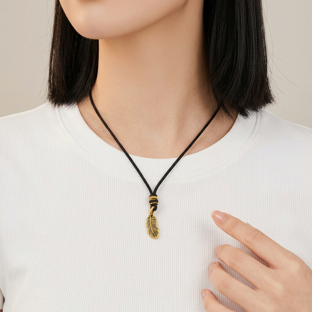 24K Gold Feather Lucky Pendant Detailed Good Fortune Braided Necklace