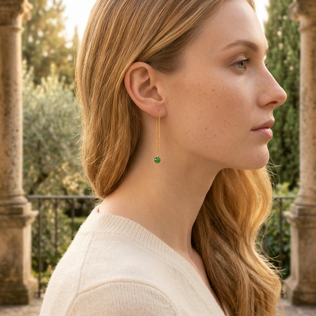 24K Gold Threader Dangle Minimalist Jade Gourd Earrings