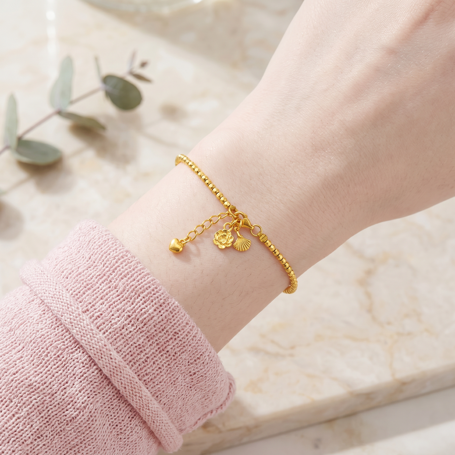 24K Solid 999 Gold Hand-Engraved Solid Mini Charm D.I.Y Lotus Ginkgo Flower