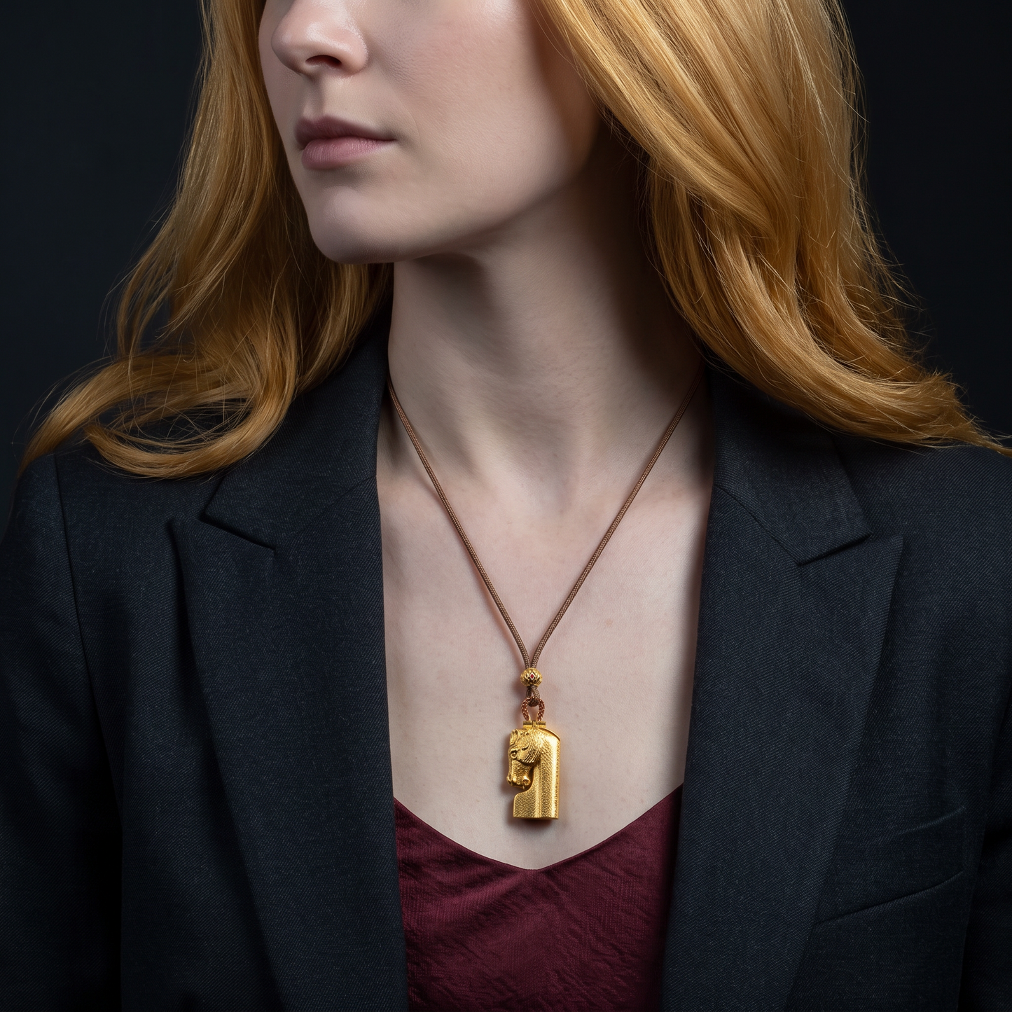 24K 999 Fine Gold Horse Zodiac Pendant Rope Cord Necklace