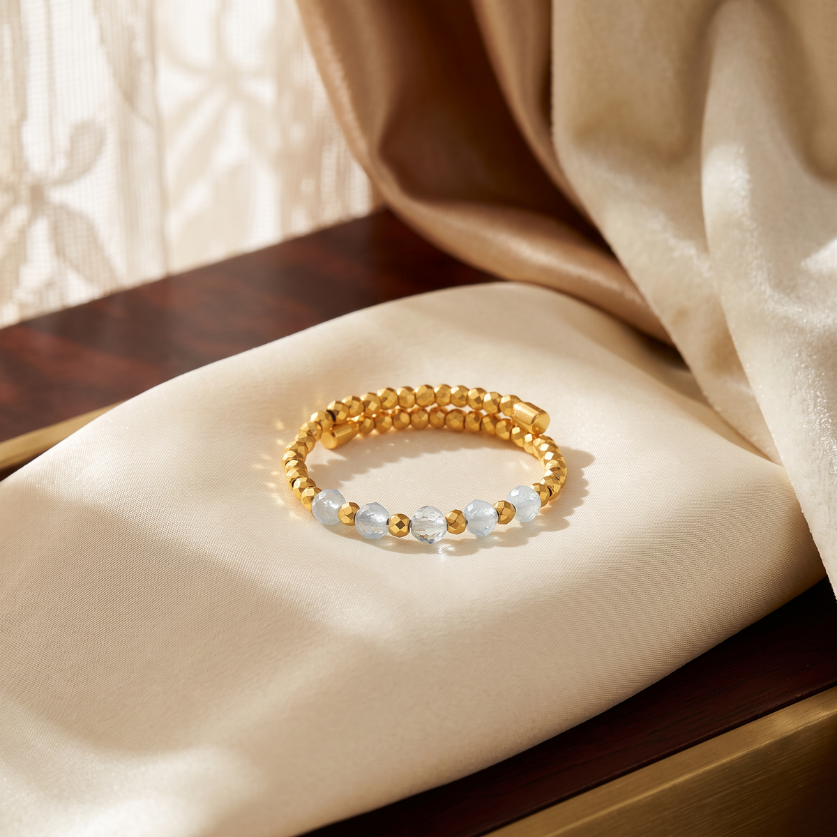 24K Gold Aquamarine Inlaid Beaded Ring