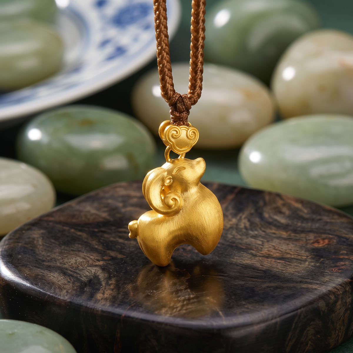 24K Gold Plum Blossom Year of Sheep Zodiac Pendant Cord Necklace