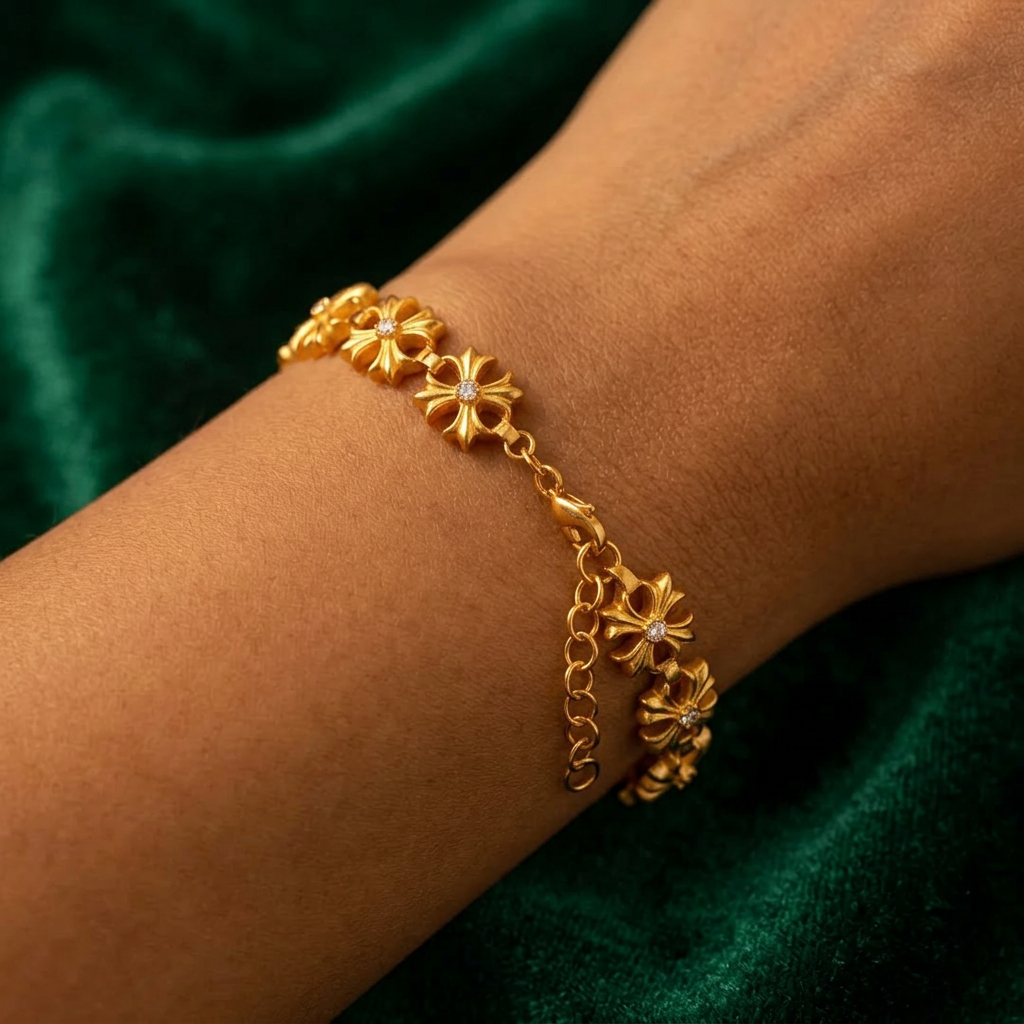 24K Gold Minimal Cross Pattern 999 Moissanite Bracelet