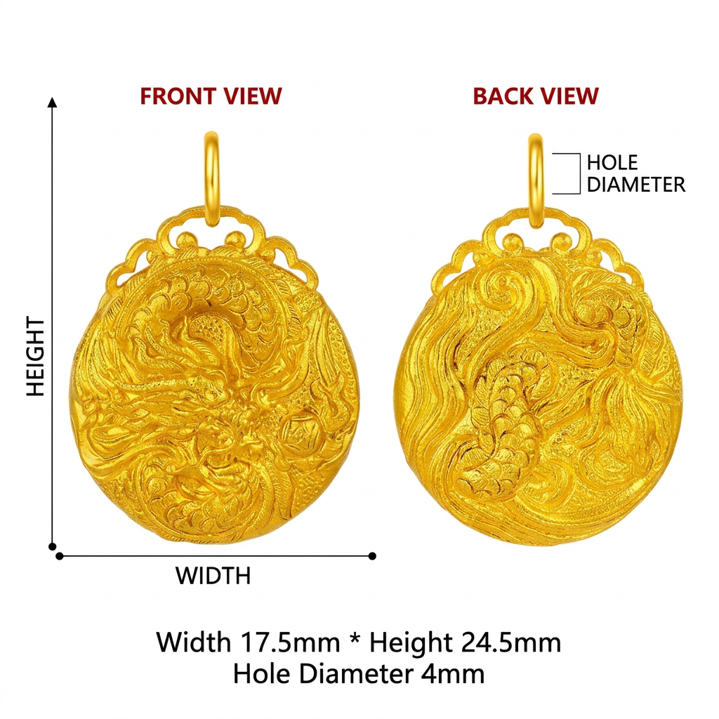 24k Fine Solid Gold Dragon Engraved Pendant