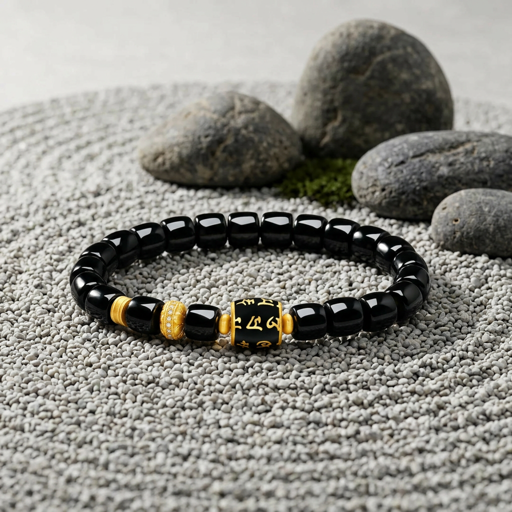 24K Gold Diamond Enamel Charm Buddhist Mantra Black Agate Unisex Beads Bracelet