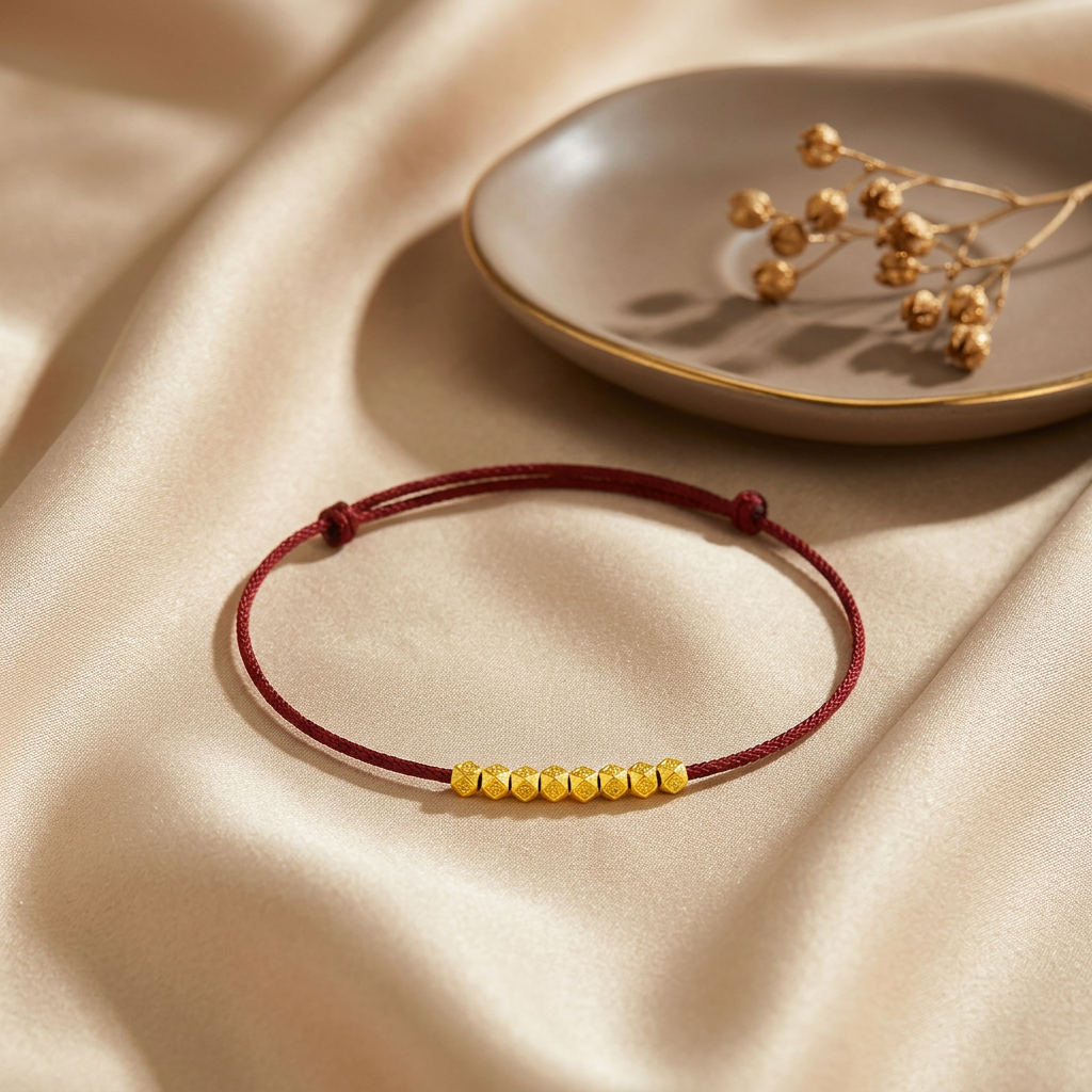 24K 999 Gold Charm Beads Minimal Minimalist Adjustable Cord Bracelet