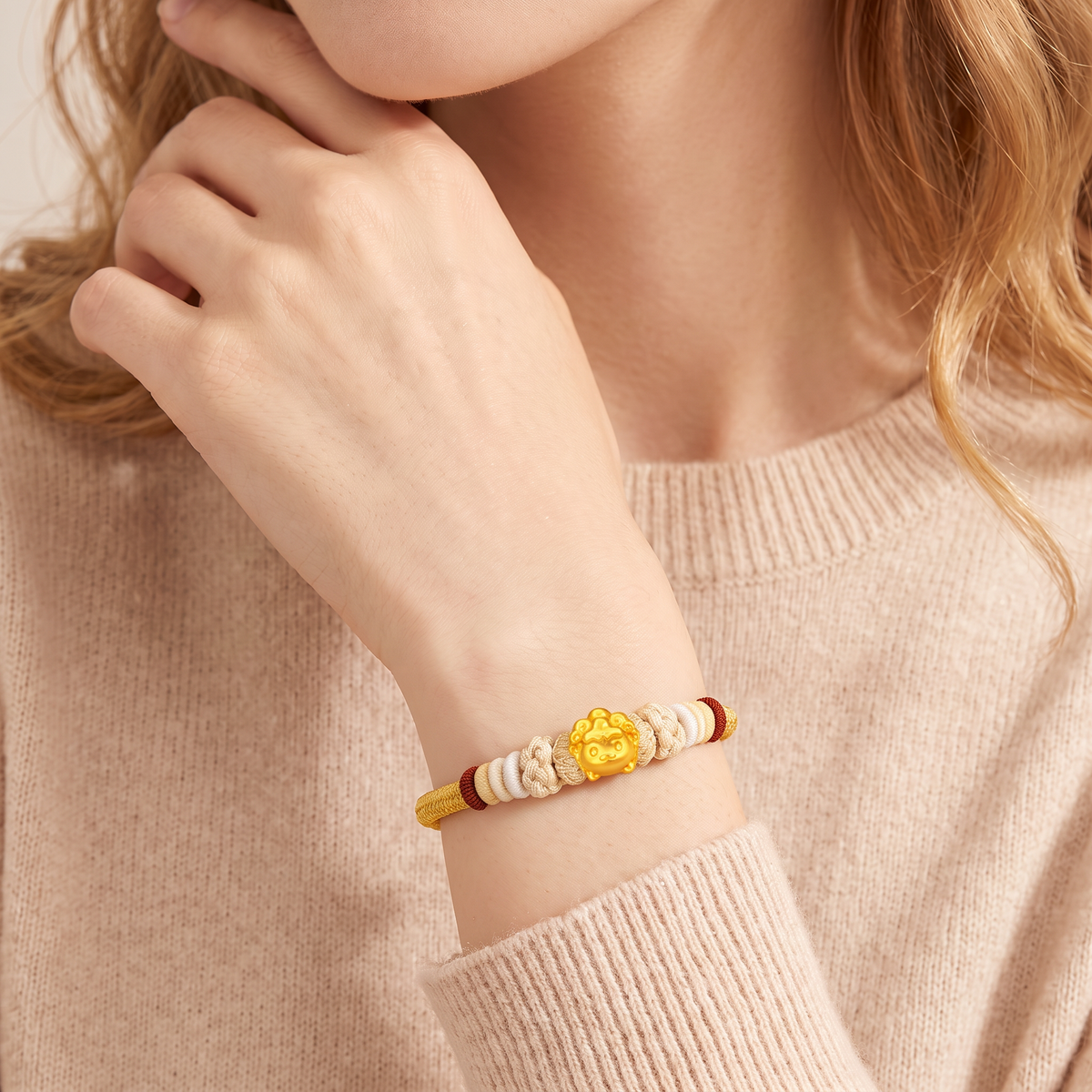 24k 999 Gold Zodiac Sheep Goat Charm Woven Adjustable Bracelet