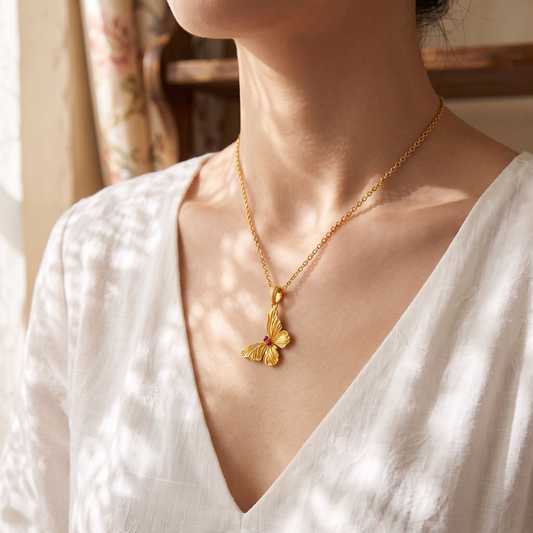 24k 999 Fine Gold Vintage Style Butterfly Emerald Moissanite Pendant