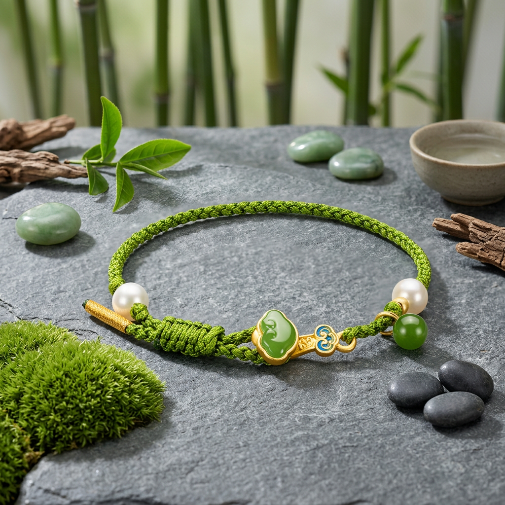 24K 5D Hard Gold Wealth Ruyi Jade Pearl Charm Beads with Braided Bracelet