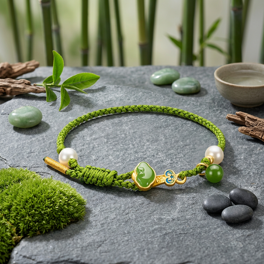 24K 5D Hard Gold Wealth Ruyi Jade Pearl Charm Beads with Braided Bracelet