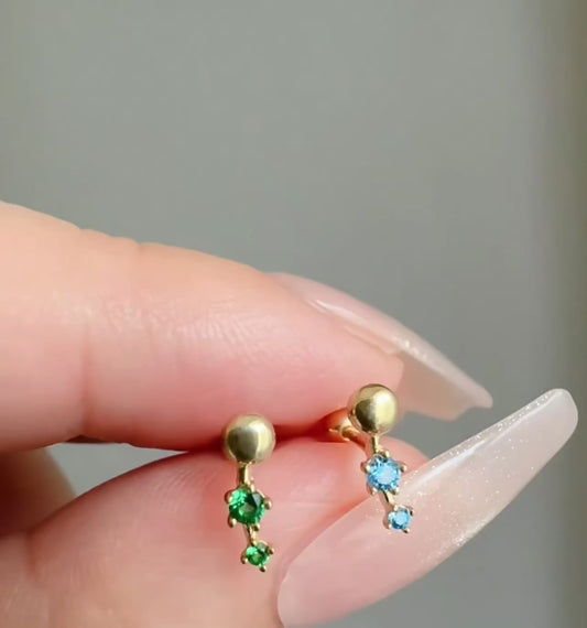 10K Real Gold Sparkling Beads Merald Aquamarine Stones Screw Cartilage On Earrings