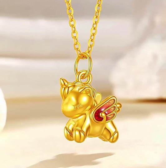 24K 999 Pure Gold Enamel Pony Year of Horse Zodiac Unicorn Charm Pendant