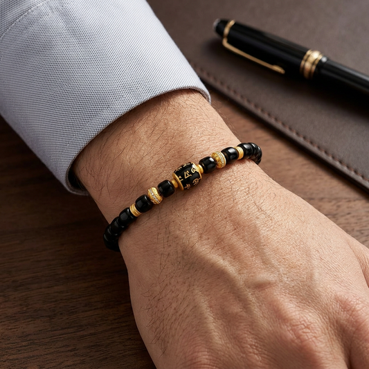24K Gold Diamond Enamel Charm Buddhist Mantra Black Agate Unisex Beads Bracelet