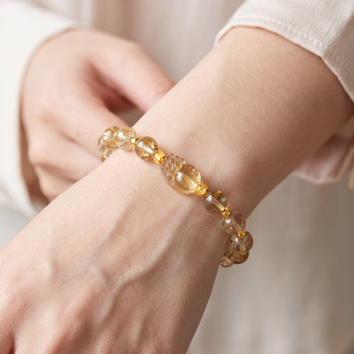 24K 3D Hard Gold Beads Pixiu Wealth Guardian Yellow Crystal Charm Bracelet