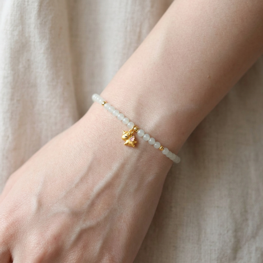 24K Gold Unicorn Horse Enamel Charm Beads Mint Elegant Natural Jade Bracelet