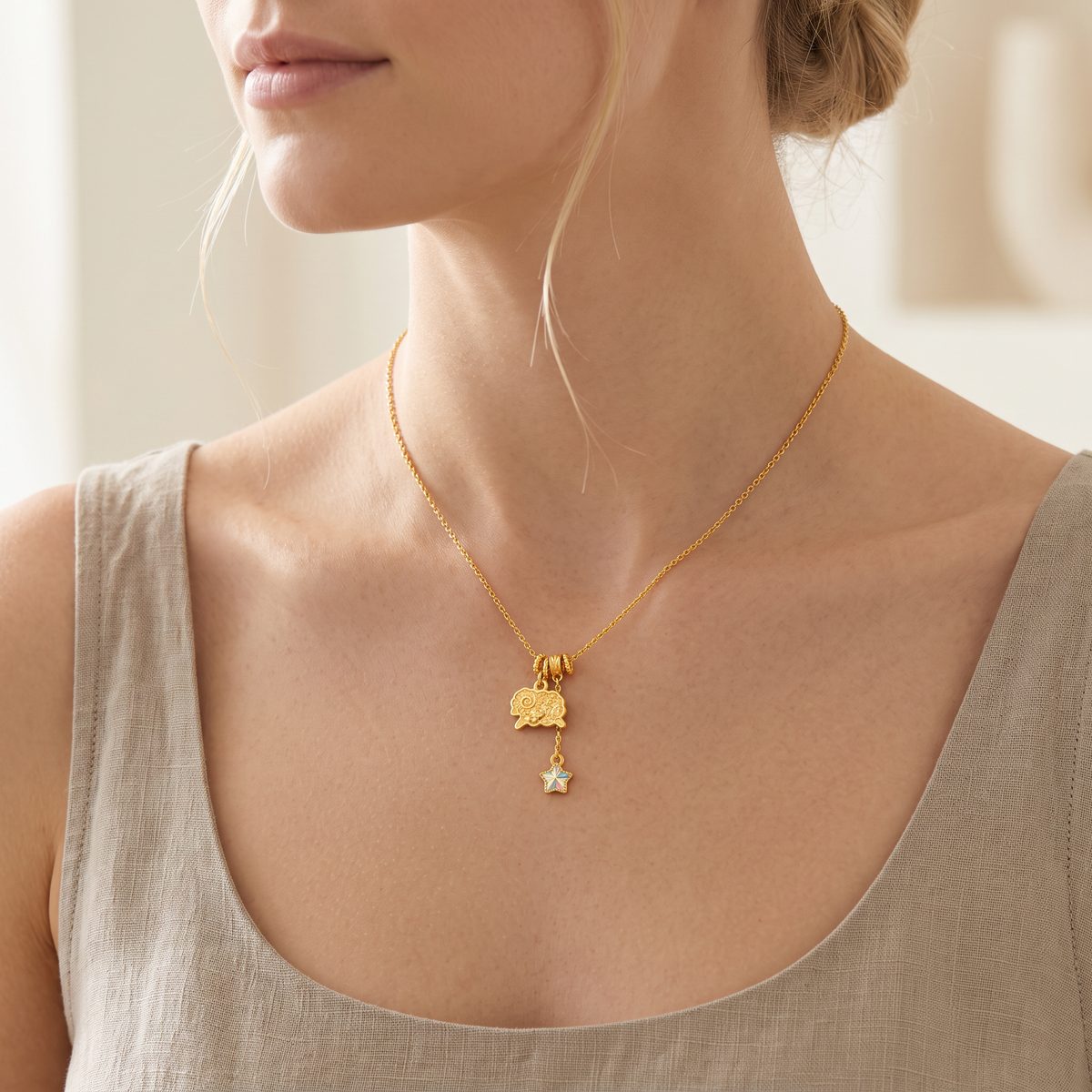 24k Fine Gold Chinese Zodiac Sheep Goat Shinning Charm Beaded Necklace