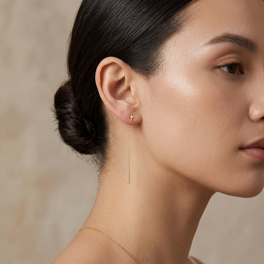 Genuine 18K Gold Star Starlight Minimal Style Threader Hoop Earrings